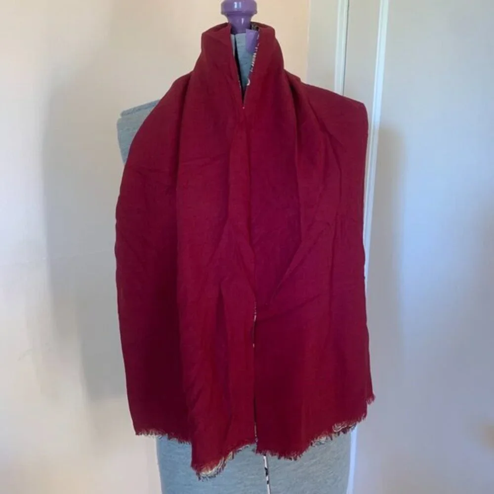 VTG Scarf Two Sided Reversible Silk‎ Wool Burgundy Made in Italy Fringe 52 x 12